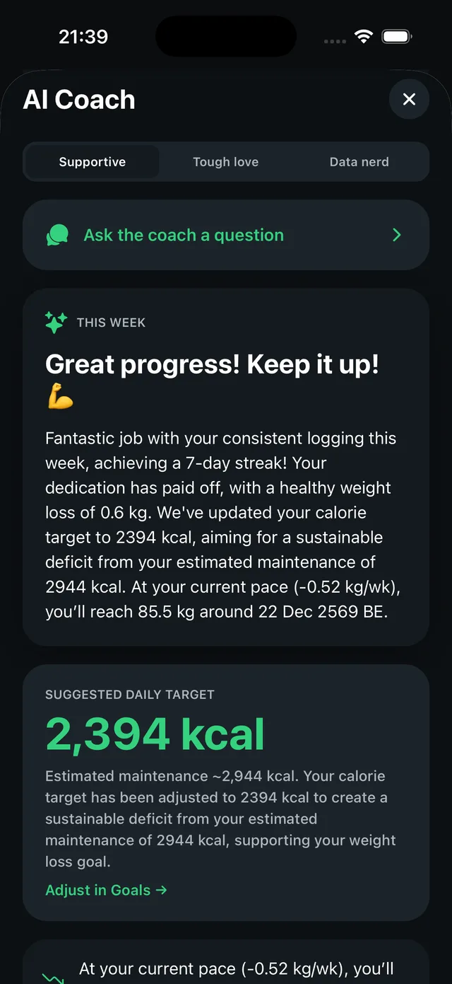 Nutrivo AI Coach — weekly insights and a suggested calorie target