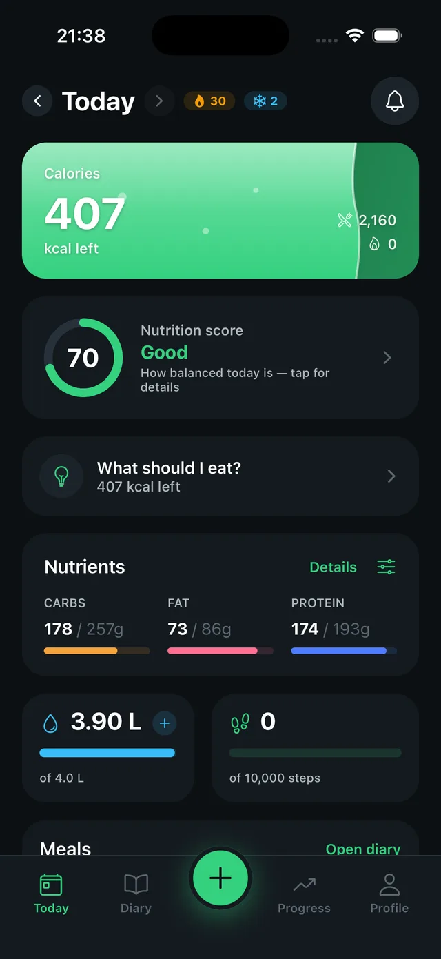 Nutrivo Today screen — calories left, nutrition score and macro rings